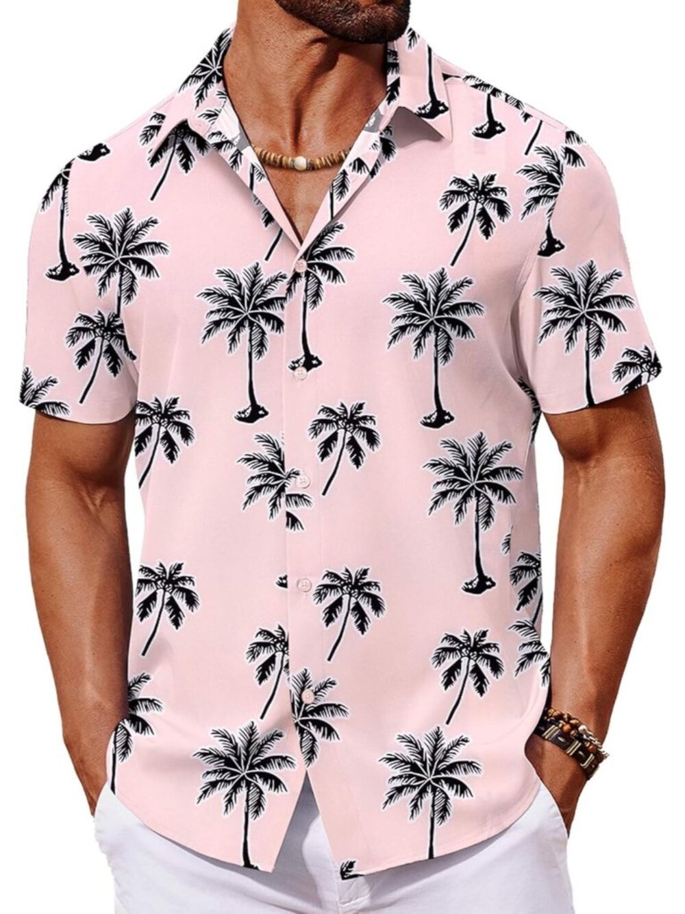 Men's Pink Hawaiian Short Sleeve Tropical Floral Summer Button Down Shirts
